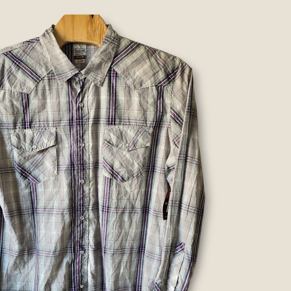 Levi Strauss Authentics Signature Mens XXL Purple Plaid Western Snap Shirt NEW